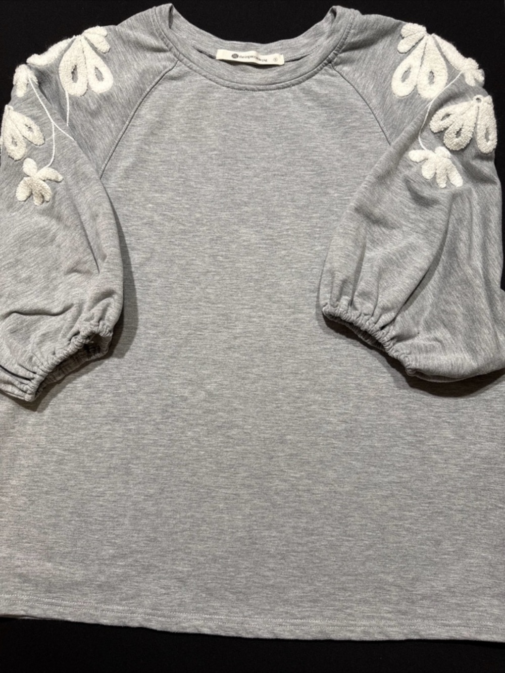 The Impeccable Pig Grey Sweatshirt with White Floral Puff Sleeves